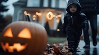 Young child in dark winter coat and hood standing near glowing jack o'lantern pumpkin on ground with autumn leaves and bokeh lights in evening atmosphere.