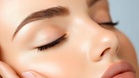 Young woman with closed eyes receiving facial skincare treatment with white cream mask applied to glowing skin for spa wellness and beauty routine.