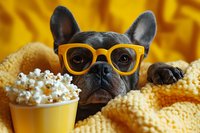 Black French Bulldog wearing yellow glasses lies on yellow blanket next to bucket of popcorn, creating funny and adorable pet portrait for entertainment concept.