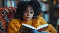 Young African American woman with natural curly hair wearing yellow sweater reading book while relaxing on cozy armchair in warm interior setting.