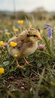 Young chick with fluffy brown plumage standing in wildflower meadow surrounded by yellow and purple blooms, spring pastoral scene for agriculture and nature themes.