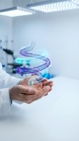 Scientist hands holding glowing DNA double helix hologram in modern laboratory for genetic research and biotechnology innovation concepts.