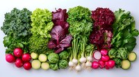 Fresh organic vegetables and radishes arranged in colorful rows on light background, including kale, lettuce varieties, turnips and red cabbage for healthy eating concept.