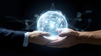 Business hands holding glowing digital network sphere representing global connectivity, technology partnership and data exchange in corporate environment.