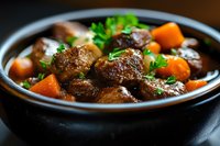 Hearty beef stew with tender meat chunks, carrots, and fresh herbs in rich brown gravy served in rustic black bowl, close-up view with selective focus.