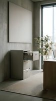 Modern minimalist office interior with filing cabinet, blank wall art and natural light for professional workspace design and corporate environments.
