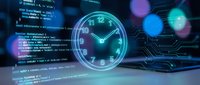 Digital clock hologram floating over laptop with programming code on screen, representing time management and software development deadlines in modern workspace.