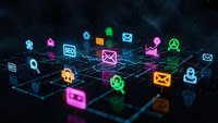 Digital network with glowing colorful icons representing communication, security, analytics and technology concepts on dark grid background.