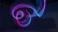 Glowing neon light trails swirl in purple and blue tones against a dark background, creating a dynamic abstract energy motion effect.