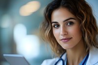Young female medical professional with wavy brown hair and stethoscope smiling confidently in modern healthcare setting with soft bokeh background.