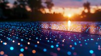 Solar panels array illuminated at sunset with bokeh light effect, renewable energy farm glowing with blue dots against dramatic orange sky background.