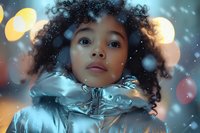 Young African American woman with natural curly hair in silver winter jacket against bokeh lights and snowfall background, dreamy atmospheric portrait.