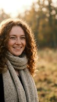 Happy young woman with curly red hair wearing cozy knit scarf smiling outdoors in warm autumn sunlight with golden bokeh background for lifestyle content.