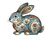 Decorative rabbit with ornamental floral patterns in blue, cream, and rust tones, isolated on white background for design projects, textiles, and crafts.