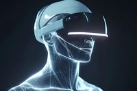 Futuristic digital human wearing virtual reality headset with glowing outline against dark background, representing advanced technology and immersive experiences.