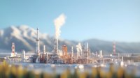 Industrial oil refinery plant with smoke stacks and processing towers against snowy mountain backdrop, soft focus tilt-shift effect creates miniature look.