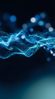 Abstract blue digital wave with glowing particles and bokeh lights on dark background for technology and data visualization concepts.