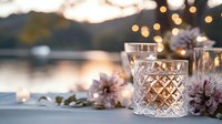 Elegant crystal whiskey glasses with purple flowers on outdoor table during golden hour sunset creating romantic dining atmosphere for celebrations.