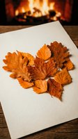 Autumn leaves arranged on white paper with cozy fireplace background. Seasonal decoration concept for fall crafts, thanksgiving cards, and holiday projects.