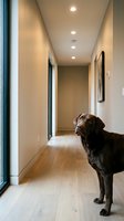 Brown dog standing in modern hallway with wooden floors and recessed lighting for home interior design and pet lifestyle concepts.