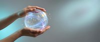 Two hands holding a glowing digital sphere with blue and purple light particles, representing technology, innovation, and digital transformation concepts.
