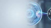 Futuristic holographic interface with glowing circular digital display and light rays, representing advanced technology, data visualization, and innovation for digital transformation projects.