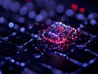Glowing gaming keyboard key with purple and red illumination against dark background, bokeh lights creating magical atmosphere for tech and gaming designs.