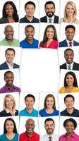 Diverse group of professional business people headshots with blank space for text, multicultural team portraits on white background for corporate use.