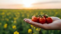 Fresh ripe cherry tomatoes in cupped hands against golden sunset field background showcasing organic farming harvest and sustainable agriculture practices.