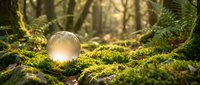 Crystal sphere resting on moss-covered forest floor with golden sunlight filtering through trees creating magical woodland atmosphere for meditation concepts.