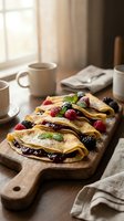 Delicious homemade crepes filled with berry jam, topped with fresh raspberries and blackberries on rustic wooden board, perfect for breakfast or brunch.