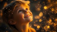 Young boy with joyful expression looking up at magical glowing lights and bokeh effects against dark background, illuminated by warm golden light.
