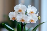 White orchid flowers blooming on green stem with soft blurred background for home decor and botanical photography projects.