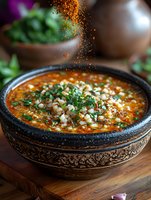 Spicy red lentil soup garnished with fresh herbs and chopped onions in ornate ceramic bowl, spices falling from above, macro food photography on wooden surface.