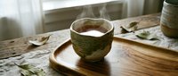 Steaming rustic ceramic cup on wooden tray with dried leaves, warm cozy atmosphere, natural morning tea ritual on aged wood table.