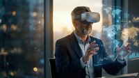 Senior businessman using virtual reality headset exploring digital data visualization and holographic interface in modern office environment.