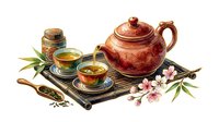 Ceramic teapot with cups of brewed tea, honey jar, and cherry blossoms on bamboo mat for tea service, wellness, and relaxation designs.