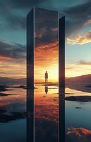 Silhouette of person standing between reflective monolithic structures at dramatic sunset, with mirror reflection in water creating symmetrical surreal landscape.