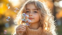 Young Caucasian girl with blonde curly hair blowing soap bubbles outdoors at sunset, wearing knit sweater, backlit with golden sunlight creating magical atmosphere.