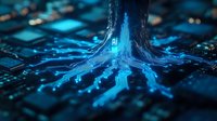 Glowing blue circuit board with tree roots made of digital pathways emerging from center, symbolizing fusion of nature and technology in artificial intelligence concept.