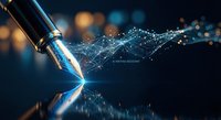 Digital pen creating glowing network connections and data streams with bokeh lights background for technology and innovation concepts.