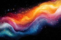 Vibrant cosmic wave with orange, pink and blue colors flowing through starry space background, featuring luminous nebula effects and magical stellar dust.