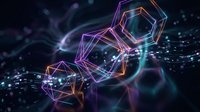 Abstract geometric hexagonal shapes with neon glowing edges floating in digital space with light trails and particles for technology backgrounds.