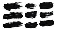 Black watercolor brush strokes collection on white background, grunge texture elements isolated for creative design projects and artistic compositions.