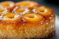 Golden pineapple upside-down cake with caramelized fruit rings and glossy syrup glaze on rustic wooden surface for bakery menu and dessert photography.