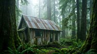 Abandoned wooden cabin with corrugated metal roof nestled among towering evergreen trees in misty forest. Overgrown vegetation surrounds structure in wilderness setting.
