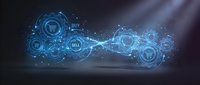 Digital trading network with glowing blue circuits connecting buy and sell icons on dark background for fintech and cryptocurrency applications.