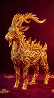 Ornate golden fire goat with intricate swirls and flames on burgundy background. Mythical creature design for fantasy art, zodiac themes, and decorative projects.
