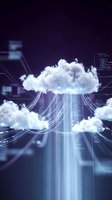 Cloud computing technology concept with digital data streams connecting to server infrastructure on purple background for business presentations.