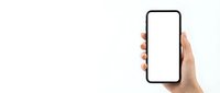 Hand holding modern smartphone with blank white screen isolated on white background for mockup and app presentation design.